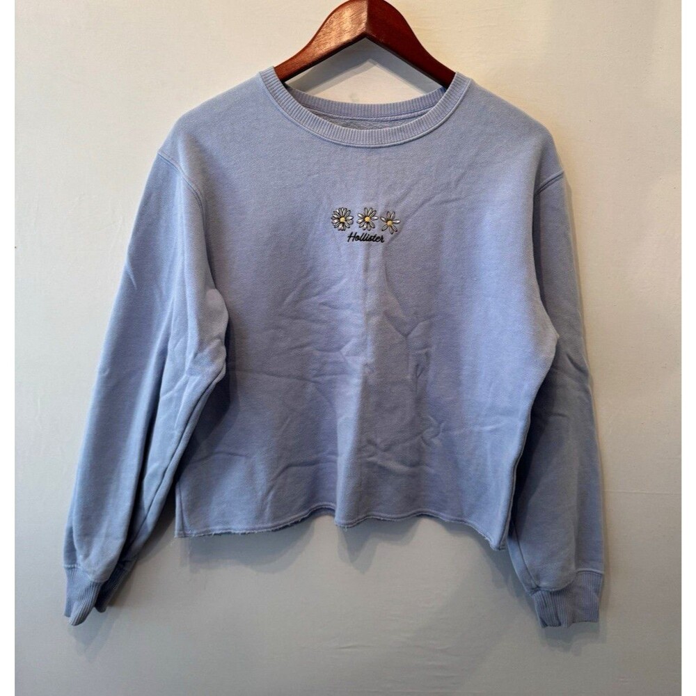 Hollister Fleece Sweatshirt Womens S Blue Crewneck Pullover Floral Logo Emb